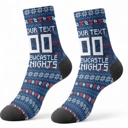 Personalized Newcastle Knights Christmas Crew Socks Australian Rugby Fans - Pixelated Ugly Xmas Pattern Mascot Santa