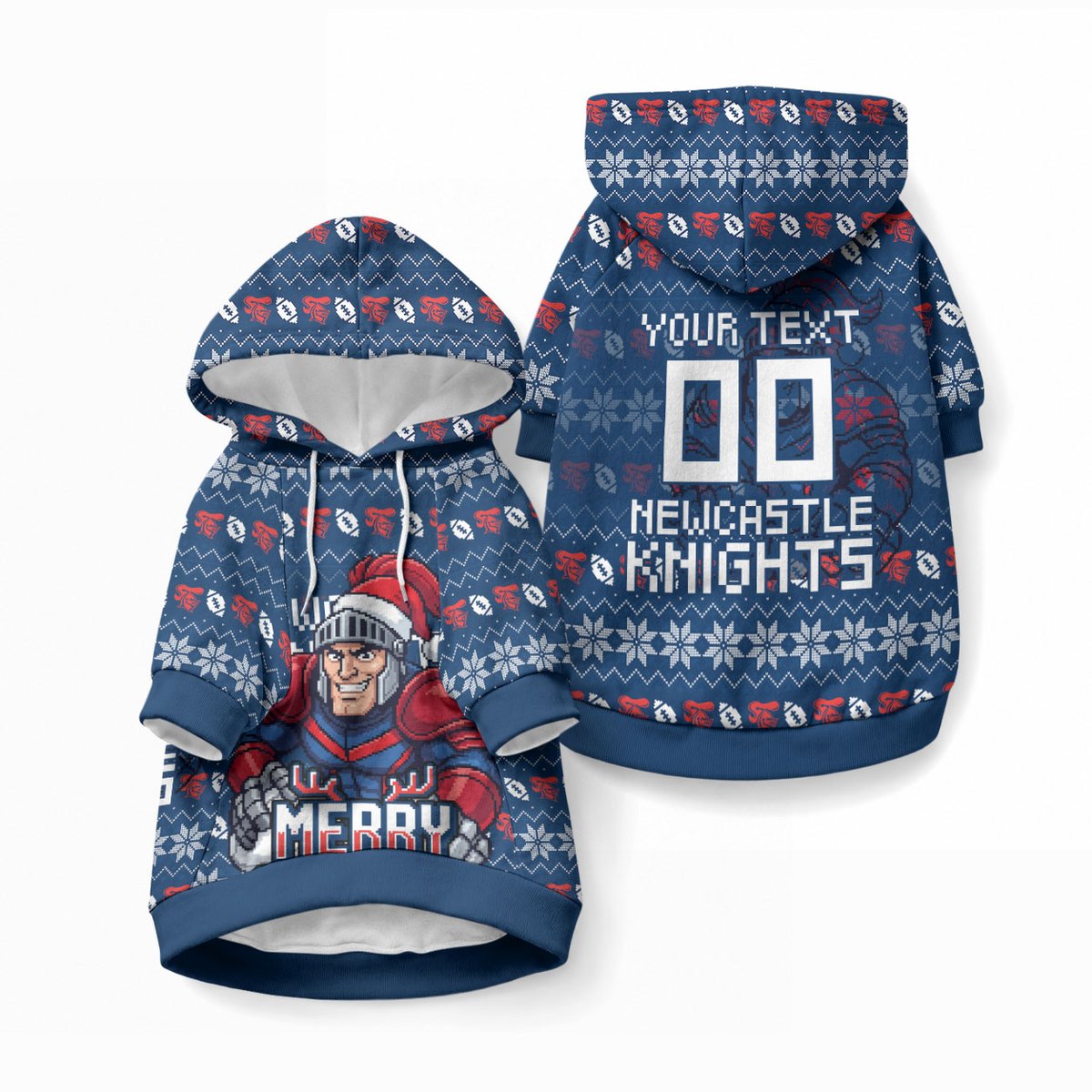 Personalized Newcastle Knights Christmas Pet Hoodie Australian Rugby Fans - Pixelated Ugly Xmas Pattern Mascot Santa