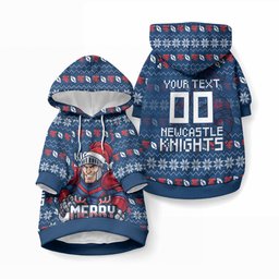 Personalized Newcastle Knights Christmas Pet Hoodie Australian Rugby Fans - Pixelated Ugly Xmas Pattern Mascot Santa