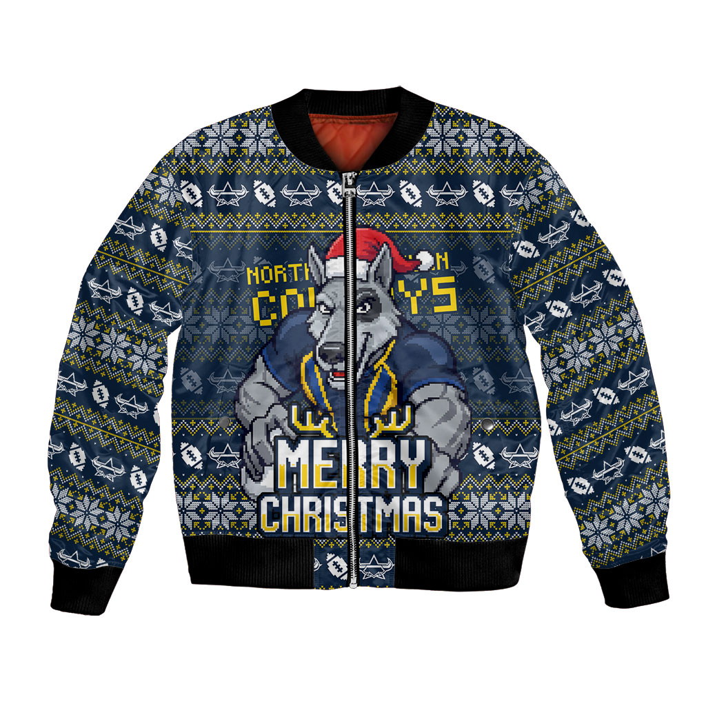 Personalized Cowboys Christmas Bomber Jacket Australian Rugby Fans - Pixelated Ugly Xmas Pattern Mascot Santa
