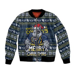 Personalized Cowboys Christmas Bomber Jacket Australian Rugby Fans - Pixelated Ugly Xmas Pattern Mascot Santa
