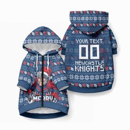 Personalized Newcastle Knights Christmas Pet Hoodie Australian Rugby Fans - Pixelated Ugly Xmas Pattern Mascot Santa