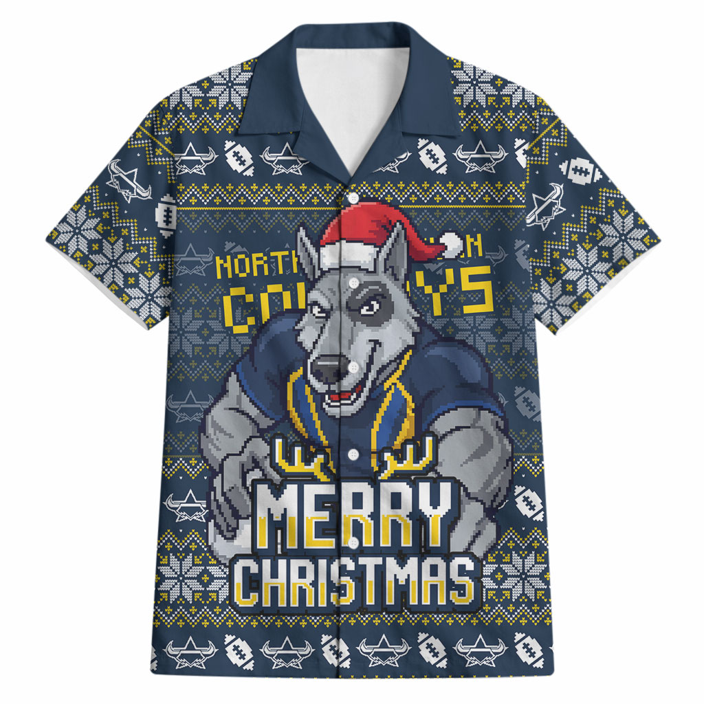 Personalized Cowboys Christmas Hawaiian Shirt Australian Rugby Fans - Pixelated Ugly Xmas Pattern Mascot Santa