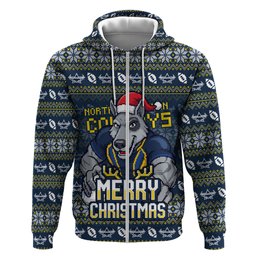 Personalized Cowboys Christmas Zip Hoodie Australian Rugby Fans - Pixelated Ugly Xmas Pattern Mascot Santa