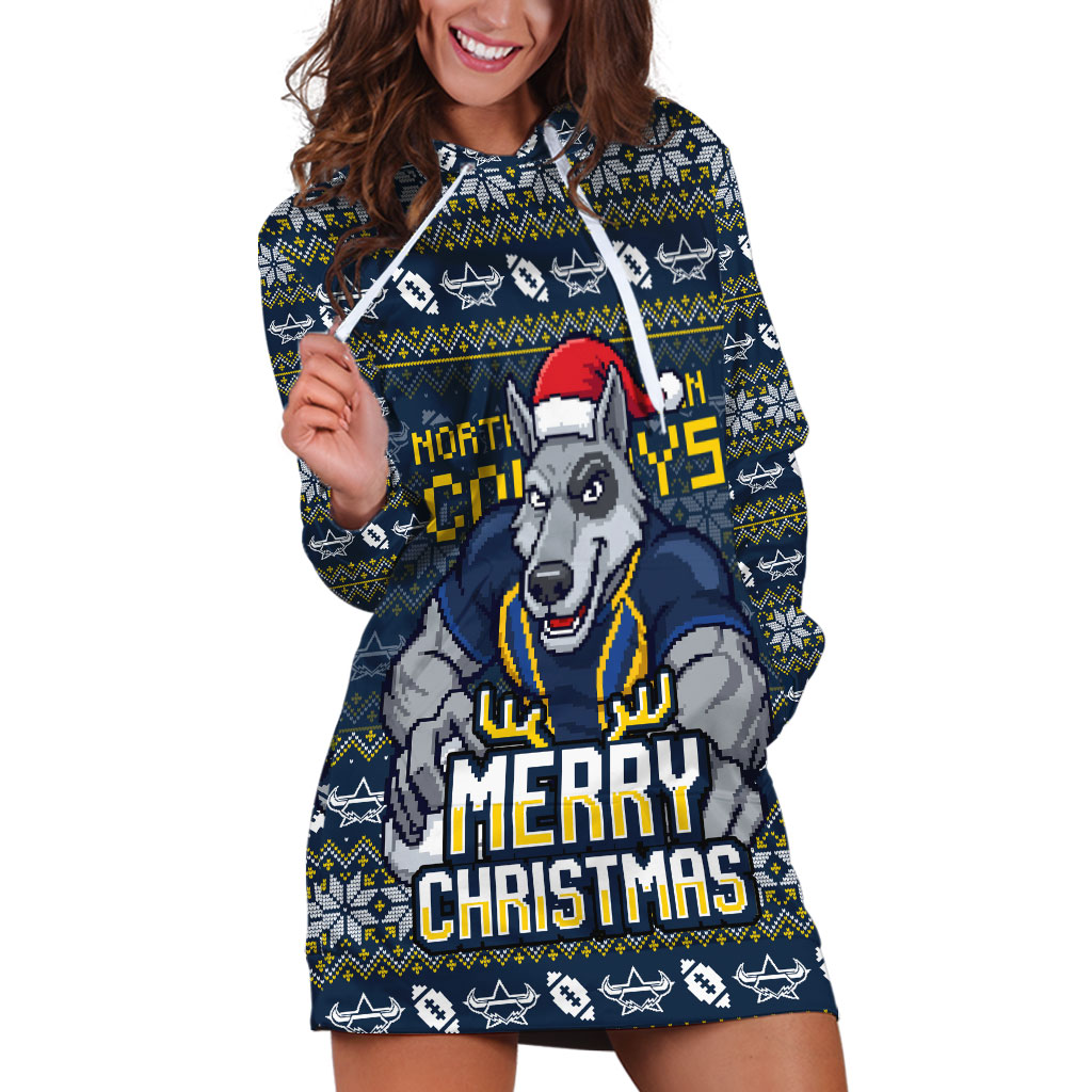 Personalized Cowboys Christmas Hoodie Dress Australian Rugby Fans - Pixelated Ugly Xmas Pattern Mascot Santa