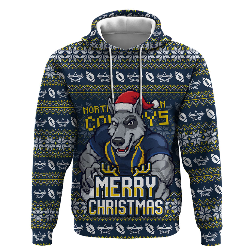 Personalized Cowboys Christmas Hoodie Australian Rugby Fans - Pixelated Ugly Xmas Pattern Mascot Santa