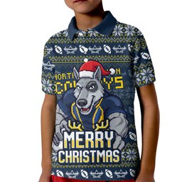 Personalized Cowboys Christmas Kid Polo Shirt Australian Rugby Fans - Pixelated Ugly Xmas Pattern Mascot Santa