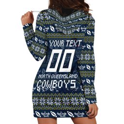 Personalized Cowboys Christmas Hoodie Dress Australian Rugby Fans - Pixelated Ugly Xmas Pattern Mascot Santa
