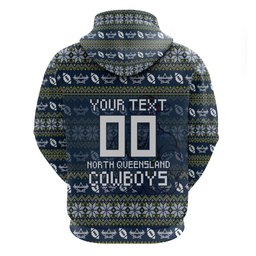 Personalized Cowboys Christmas Zip Hoodie Australian Rugby Fans - Pixelated Ugly Xmas Pattern Mascot Santa