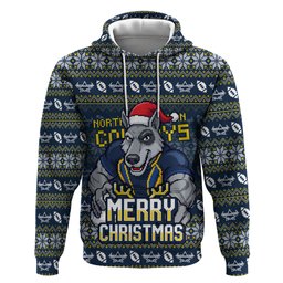 Personalized Cowboys Christmas Zip Hoodie Australian Rugby Fans - Pixelated Ugly Xmas Pattern Mascot Santa