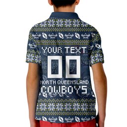 Personalized Cowboys Christmas Kid Polo Shirt Australian Rugby Fans - Pixelated Ugly Xmas Pattern Mascot Santa
