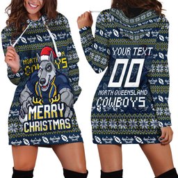 Personalized Cowboys Christmas Hoodie Dress Australian Rugby Fans - Pixelated Ugly Xmas Pattern Mascot Santa