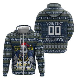 Personalized Cowboys Christmas Zip Hoodie Australian Rugby Fans - Pixelated Ugly Xmas Pattern Mascot Santa