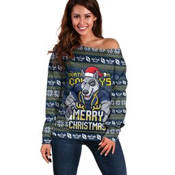 Personalized Cowboys Christmas Off Shoulder Sweater Australian Rugby Fans - Pixelated Ugly Xmas Pattern Mascot Santa