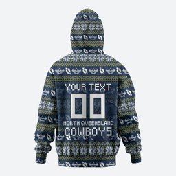 Personalized Cowboys Christmas Zip Hoodie Australian Rugby Fans - Pixelated Ugly Xmas Pattern Mascot Santa