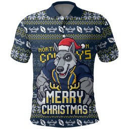 Personalized Cowboys Christmas Polo Shirt Australian Rugby Fans - Pixelated Ugly Xmas Pattern Mascot Santa