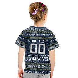 Personalized Cowboys Christmas Kid T Shirt Australian Rugby Fans - Pixelated Ugly Xmas Pattern Mascot Santa