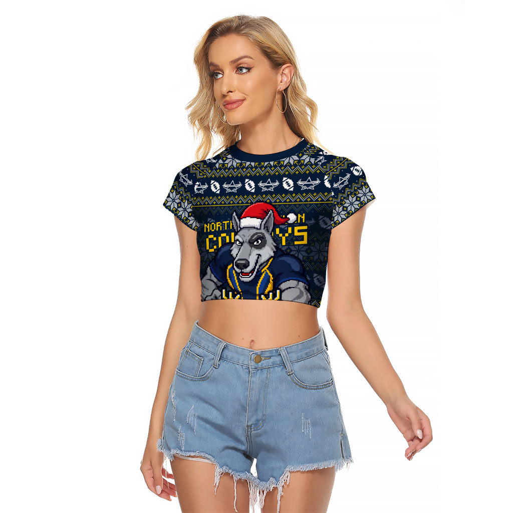Personalized Cowboys Christmas Raglan Cropped T Shirt Australian Rugby Fans - Pixelated Ugly Xmas Pattern Mascot Santa