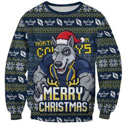 Personalized Cowboys Christmas Sweatshirt Australian Rugby Fans - Pixelated Ugly Xmas Pattern Mascot Santa