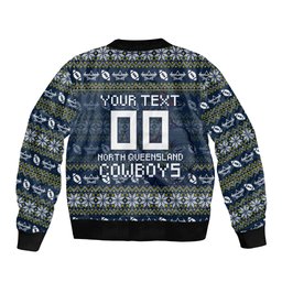 Personalized Cowboys Christmas Sleeve Zip Bomber Jacket Australian Rugby Fans - Pixelated Ugly Xmas Pattern Mascot Santa