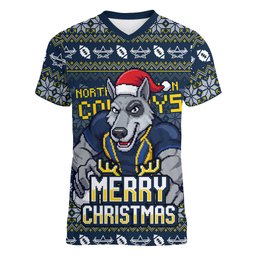 Personalized Cowboys Christmas Women V-Neck T-Shirt Australian Rugby Fans - Pixelated Ugly Xmas Pattern Mascot Santa