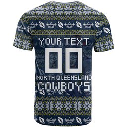 Personalized Cowboys Christmas T Shirt Australian Rugby Fans - Pixelated Ugly Xmas Pattern Mascot Santa