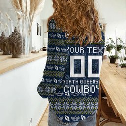 Personalized Cowboys Christmas Women Casual Shirt Australian Rugby Fans - Pixelated Ugly Xmas Pattern Mascot Santa
