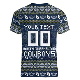 Personalized Cowboys Christmas Women V-Neck T-Shirt Australian Rugby Fans - Pixelated Ugly Xmas Pattern Mascot Santa