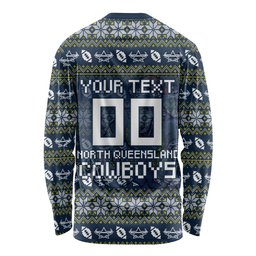 Personalized Cowboys Christmas Long Sleeve Shirt Australian Rugby Fans - Pixelated Ugly Xmas Pattern Mascot Santa
