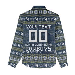 Personalized Cowboys Christmas Women Casual Shirt Australian Rugby Fans - Pixelated Ugly Xmas Pattern Mascot Santa
