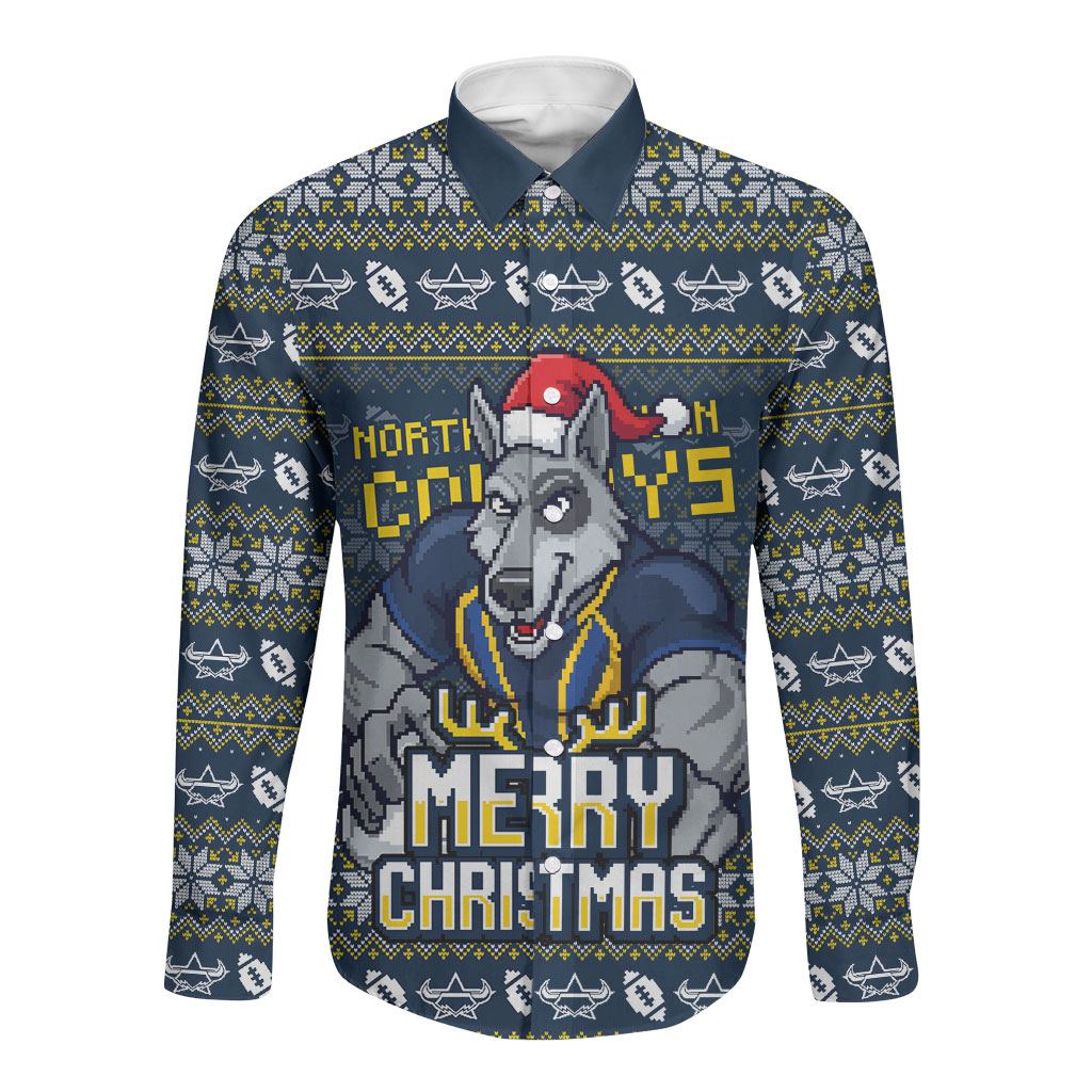 Personalized Cowboys Christmas Long Sleeve Button Shirt Australian Rugby Fans - Pixelated Ugly Xmas Pattern Mascot Santa