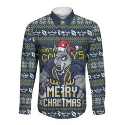 Personalized Cowboys Christmas Long Sleeve Button Shirt Australian Rugby Fans - Pixelated Ugly Xmas Pattern Mascot Santa