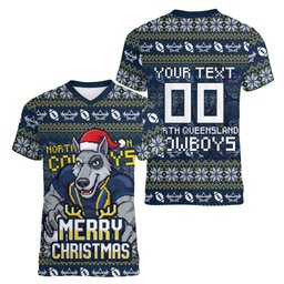 Personalized Cowboys Christmas Women V-Neck T-Shirt Australian Rugby Fans - Pixelated Ugly Xmas Pattern Mascot Santa