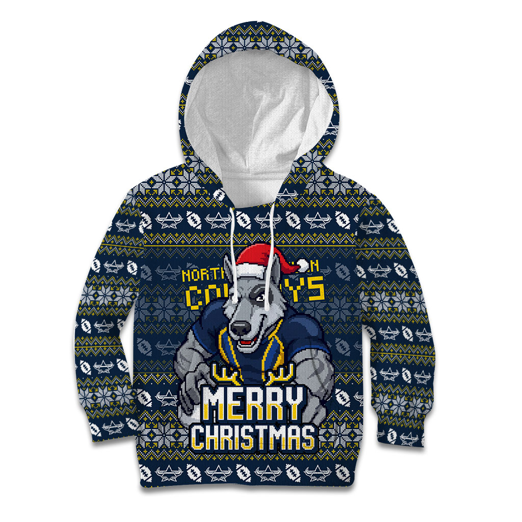 Personalized Cowboys Christmas Kid Hoodie Australian Rugby Fans - Pixelated Ugly Xmas Pattern Mascot Santa