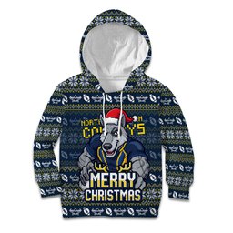 Personalized Cowboys Christmas Kid Hoodie Australian Rugby Fans - Pixelated Ugly Xmas Pattern Mascot Santa