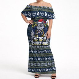 Personalized Cowboys Christmas Off Shoulder Maxi Dress Australian Rugby Fans - Pixelated Ugly Xmas Pattern Mascot Santa