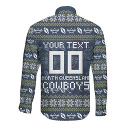 Personalized Cowboys Christmas Long Sleeve Button Shirt Australian Rugby Fans - Pixelated Ugly Xmas Pattern Mascot Santa