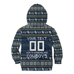 Personalized Cowboys Christmas Kid Hoodie Australian Rugby Fans - Pixelated Ugly Xmas Pattern Mascot Santa