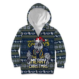 Personalized Cowboys Christmas Kid Hoodie Australian Rugby Fans - Pixelated Ugly Xmas Pattern Mascot Santa