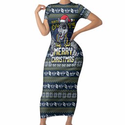 Personalized Cowboys Christmas Short Sleeve Bodycon Dress Australian Rugby Fans - Pixelated Ugly Xmas Pattern Mascot Santa