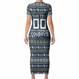 Personalized Cowboys Christmas Short Sleeve Bodycon Dress Australian Rugby Fans - Pixelated Ugly Xmas Pattern Mascot Santa