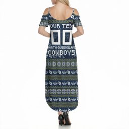 Personalized Cowboys Christmas Summer Maxi Dress Australian Rugby Fans - Pixelated Ugly Xmas Pattern Mascot Santa