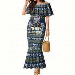 Personalized Cowboys Christmas Mermaid Dress Australian Rugby Fans - Pixelated Ugly Xmas Pattern Mascot Santa