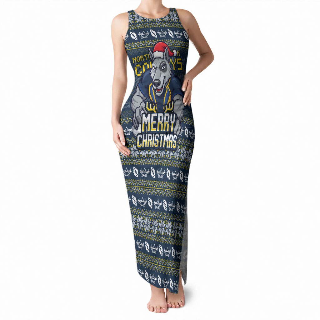 Personalized Cowboys Christmas Tank Maxi Dress Australian Rugby Fans - Pixelated Ugly Xmas Pattern Mascot Santa