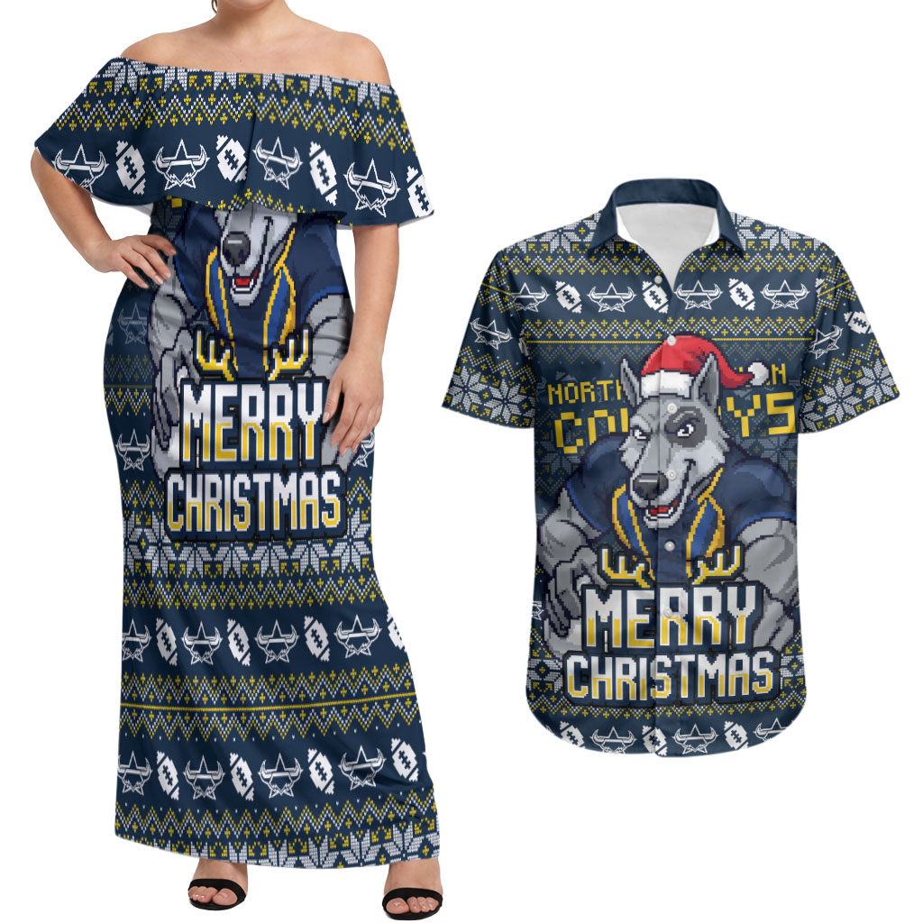 Personalized Cowboys Christmas Couples Matching Off Shoulder Maxi Dress and Hawaiian Shirt Australian Rugby Fans - Pixelated Ugly Xmas Pattern Mascot Santa
