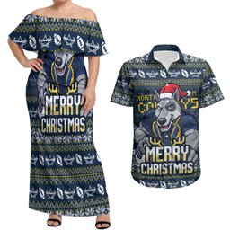 Personalized Cowboys Christmas Couples Matching Off Shoulder Maxi Dress and Hawaiian Shirt Australian Rugby Fans - Pixelated Ugly Xmas Pattern Mascot Santa