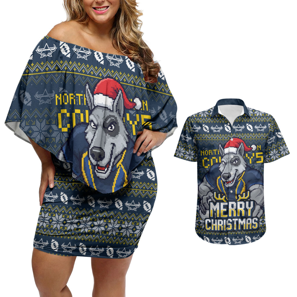 Personalized Cowboys Christmas Couples Matching Off Shoulder Short Dress and Hawaiian Shirt Australian Rugby Fans - Pixelated Ugly Xmas Pattern Mascot Santa