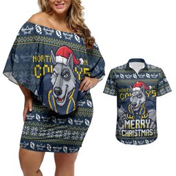 Personalized Cowboys Christmas Couples Matching Off Shoulder Short Dress and Hawaiian Shirt Australian Rugby Fans - Pixelated Ugly Xmas Pattern Mascot Santa