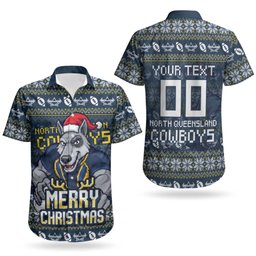 Personalized Cowboys Christmas Couples Matching Off Shoulder Maxi Dress and Hawaiian Shirt Australian Rugby Fans - Pixelated Ugly Xmas Pattern Mascot Santa