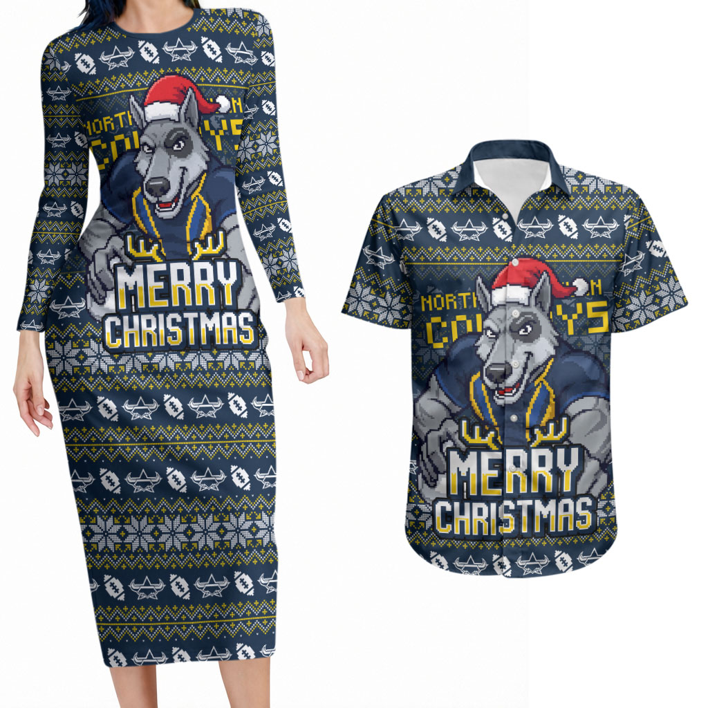 Personalized Cowboys Christmas Couples Matching Long Sleeve Bodycon Dress and Hawaiian Shirt Australian Rugby Fans - Pixelated Ugly Xmas Pattern Mascot Santa